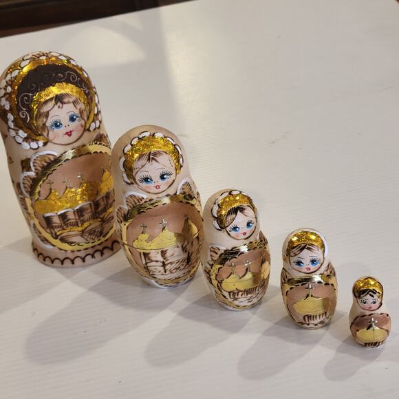 Vtg Russian Burned Wood Hand Painted Matryoshka Nesting Dolls Set of 5 Orthodox - Picture 1 of 14